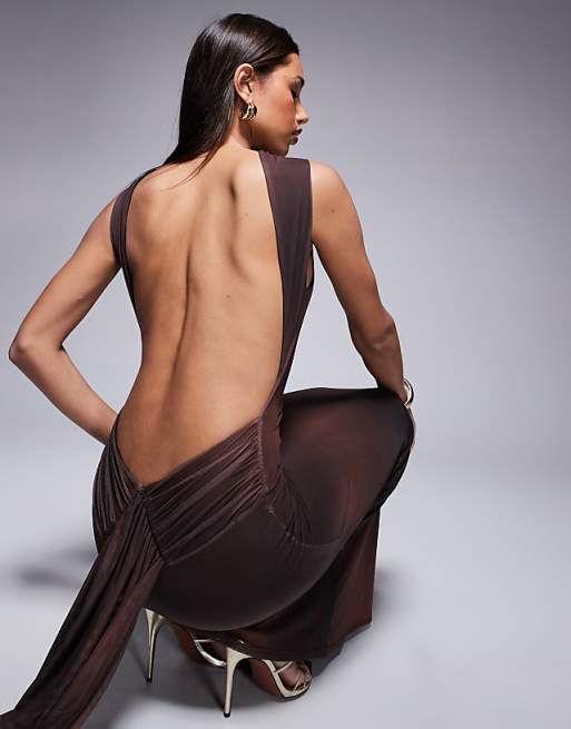 ASOS DESIGN sleeveless with open back and drape detail maxi dress in black and red print