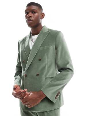 ASOS DESIGN Slim Double Breasted Suit In Sage Green Cotton Velvet