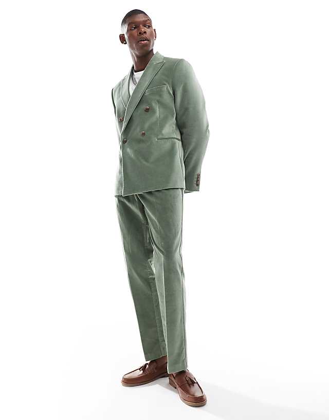 ASOS DESIGN slim double breasted suit in sage green cotton velvet