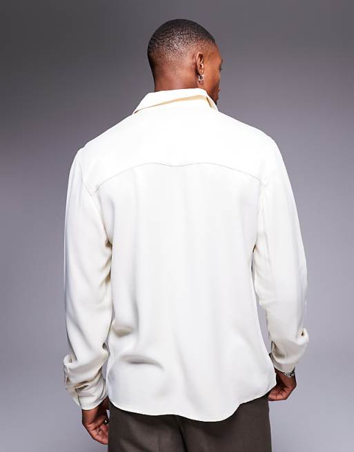 ASOS DESIGN Slim Fit Shirt With 70s Collar In Cream Satin
