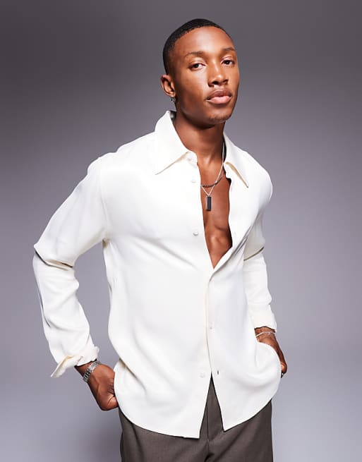 ASOS DESIGN slim fit shirt with 70s collar in cream satin