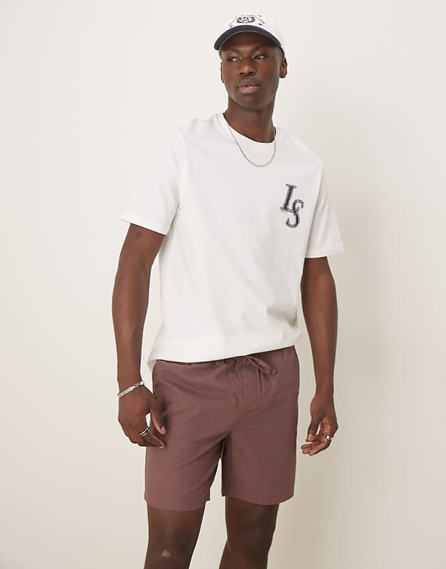 ASOS DESIGN slim mid length bermuda shorts in brown linen blend