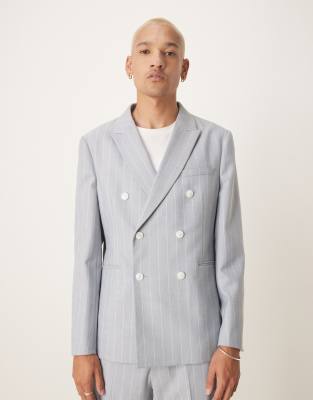 ASOS DESIGN Slim Suit With Linen In Blue Pinstripe