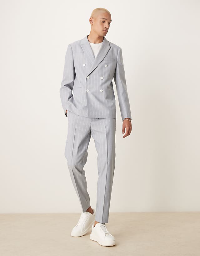 ASOS DESIGN slim suit with linen in blue pinstripe