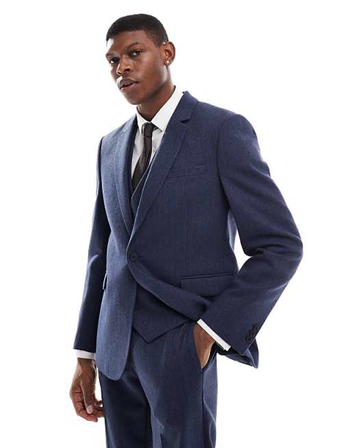 ASOS DESIGN Slim Suit With Wool In Blue Herringbone