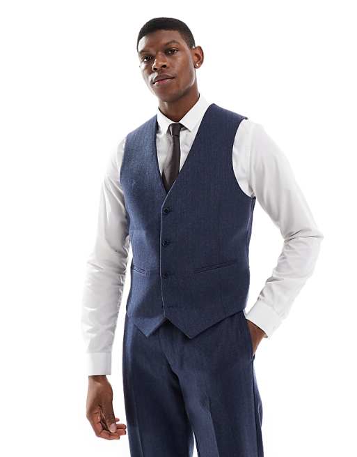 ASOS DESIGN Slim Suit With Wool In Blue Herringbone