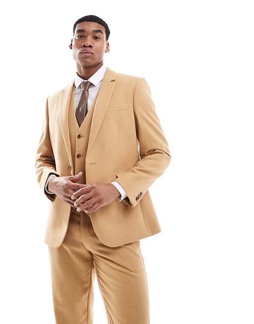 ASOS DESIGN Slim Suit With Wool In Camel Basketweave
