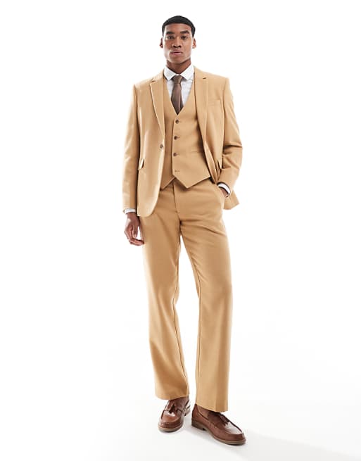 ASOS DESIGN Slim Suit With Wool In Camel Basketweave