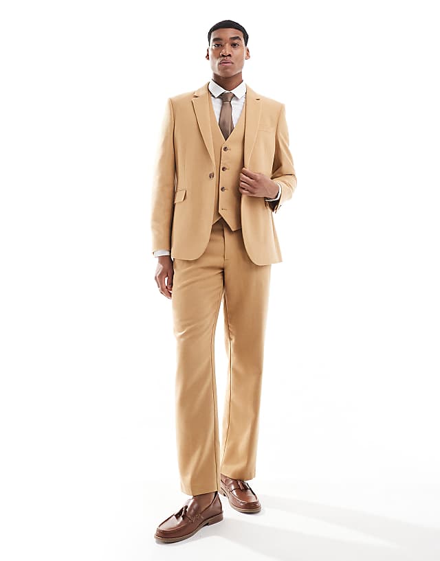 ASOS DESIGN slim suit with wool in camel basketweave
