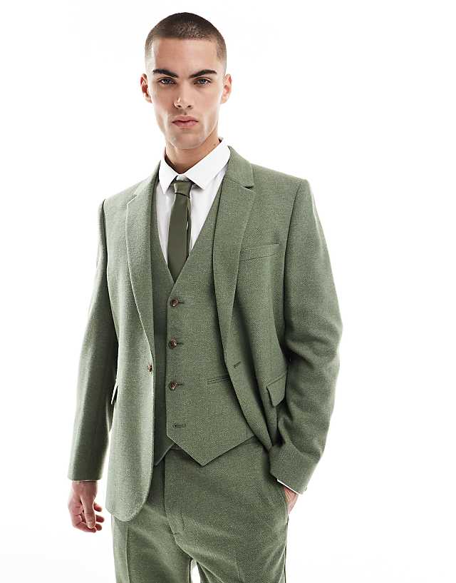 ASOS DESIGN Slim Suit With Wool In Green Herringbone