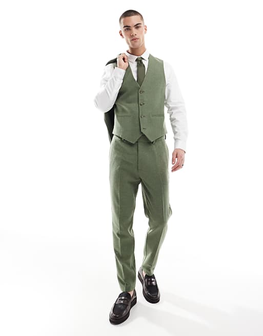 ASOS DESIGN Slim Suit With Wool In Green Herringbone