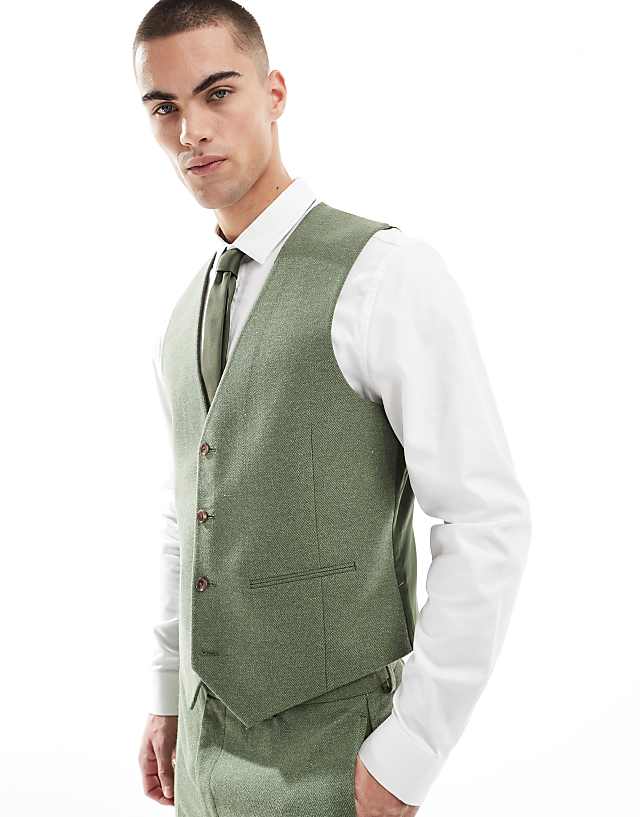 ASOS DESIGN Slim Suit With Wool In Green Herringbone