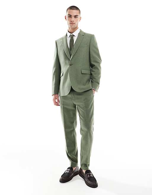 ASOS DESIGN slim suit with wool in green herringbone