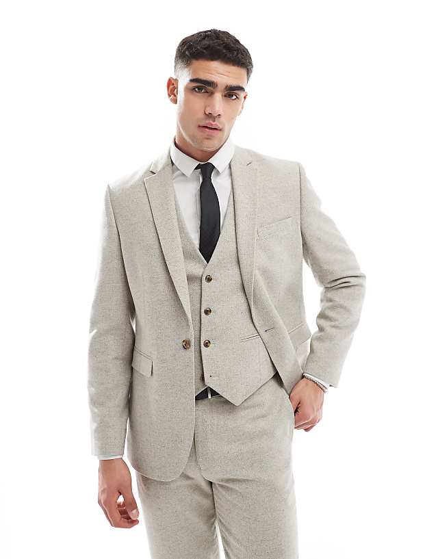 ASOS DESIGN Slim Suit With Wool In Stone Tweed