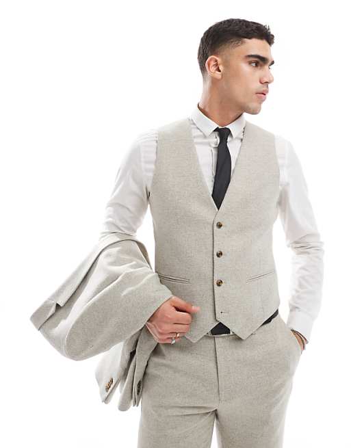ASOS DESIGN Slim Suit With Wool In Stone Tweed