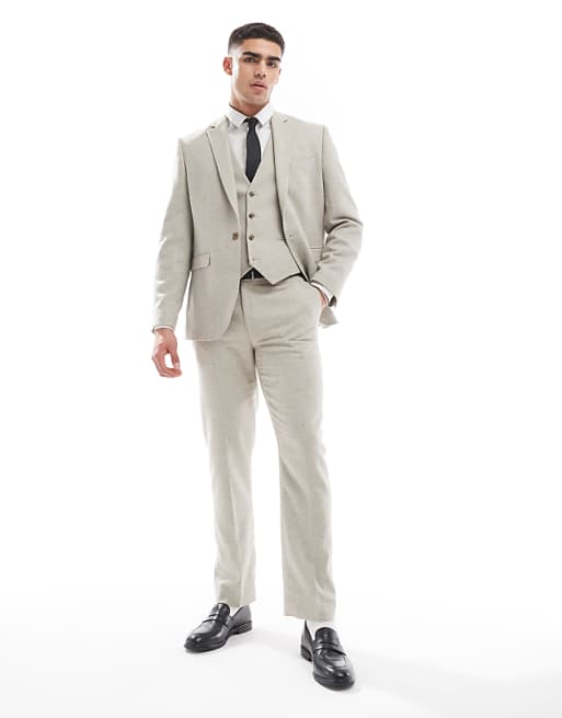 ASOS DESIGN Slim Suit With Wool In Stone Tweed