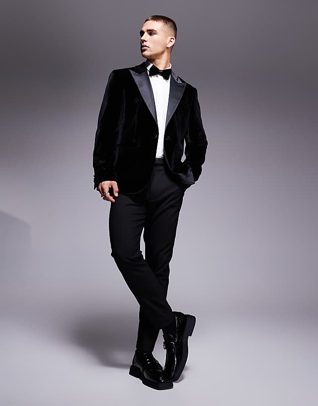 ASOS DESIGN Slim Velvet Tuxedo Blazer In Black