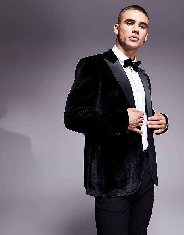ASOS DESIGN slim velvet tuxedo blazer in black