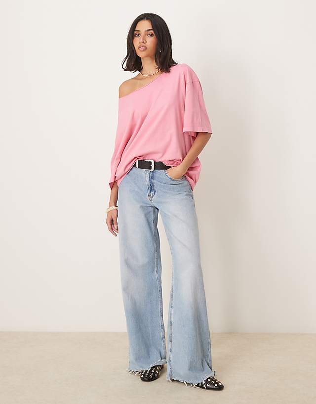 ASOS DESIGN Slouchy Off Shoulder Oversized Tee In Washed Pink