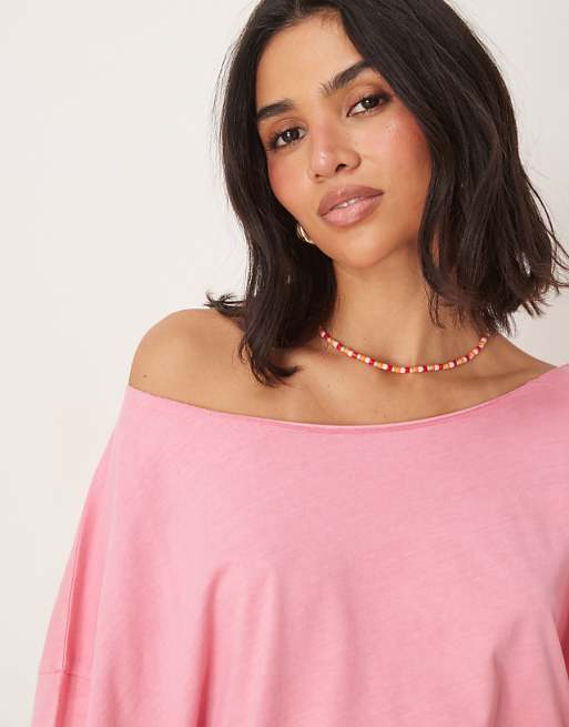ASOS DESIGN Slouchy Off Shoulder Oversized Tee In Washed Pink