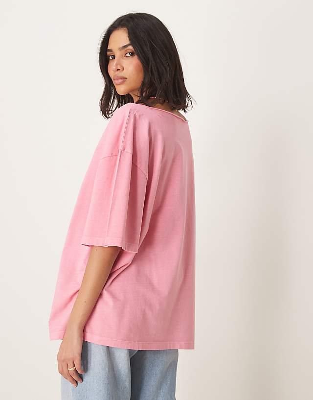 ASOS DESIGN Slouchy Off Shoulder Oversized Tee In Washed Pink