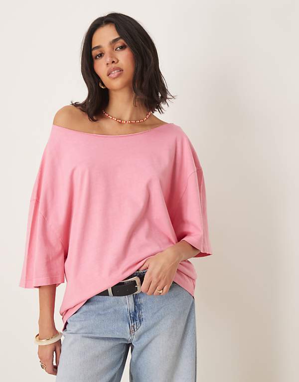 ASOS DESIGN Slouchy Off Shoulder Oversized Tee In Washed Pink