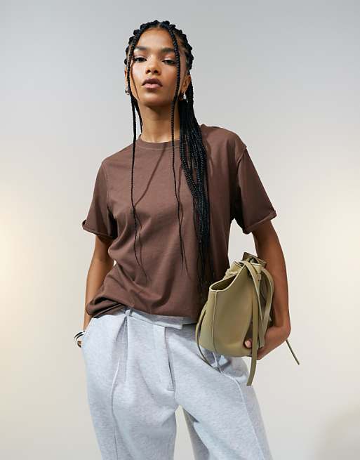 ASOS DESIGN slouchy raw edge regular fit washed t-shirt in chocolate