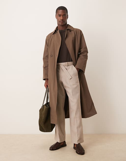 ASOS DESIGN Smart Belted Wide Leg Trousers With Wool In Beige Herringbone