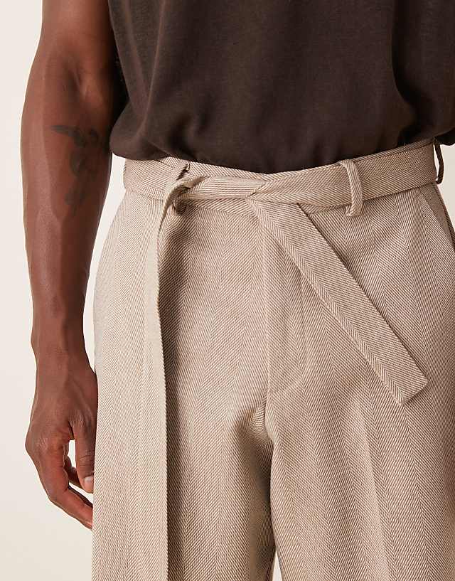 ASOS DESIGN Smart Belted Wide Leg Trousers With Wool In Beige Herringbone