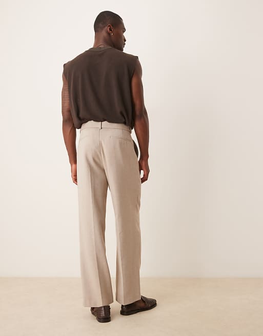 ASOS DESIGN Smart Belted Wide Leg Trousers With Wool In Beige Herringbone