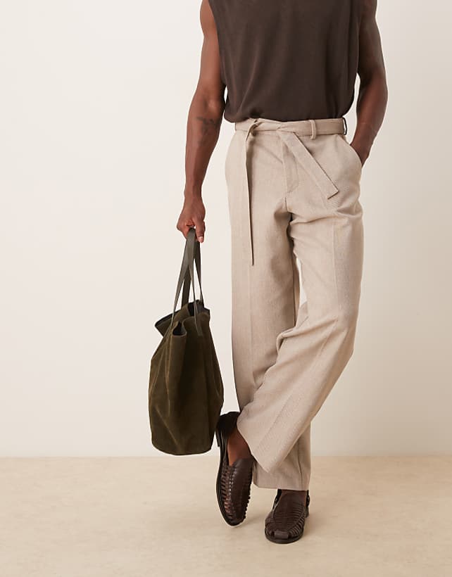 ASOS DESIGN smart belted wide leg trousers with wool in beige herringbone