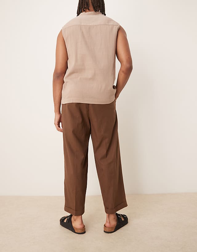 ASOS DESIGN Smart Cropped Balloon Linen Blend Trousers With Front Pleat In Brown