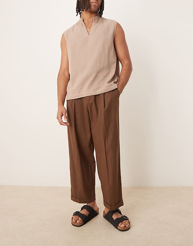 ASOS DESIGN Smart Cropped Balloon Linen Blend Trousers With Front Pleat In Brown