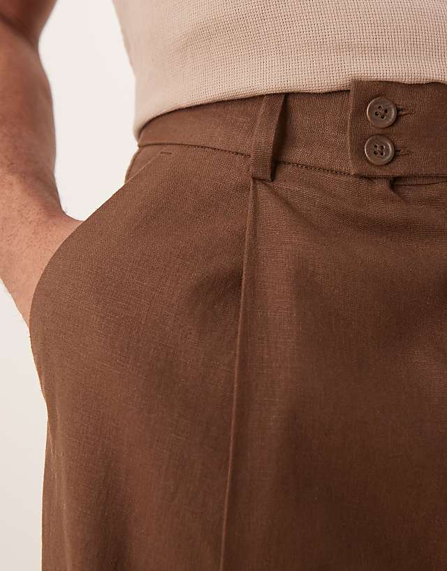 ASOS DESIGN Smart Cropped Balloon Linen Blend Trousers With Front Pleat In Brown