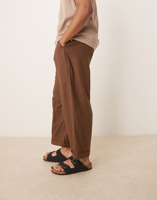 ASOS DESIGN Smart Cropped Balloon Linen Blend Trousers With Front Pleat In Brown