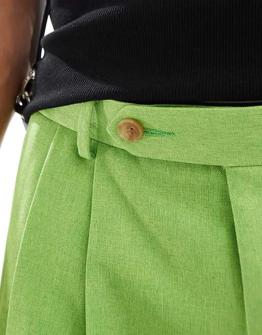 ASOS DESIGN Smart Linen Blend Longline Shorts In Bright Green