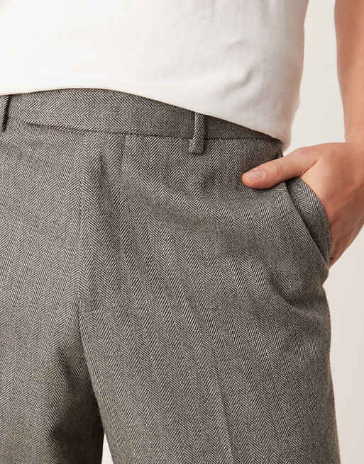 ASOS DESIGN Smart Loose Fit Trousers In Grey Wool Look Herringbone