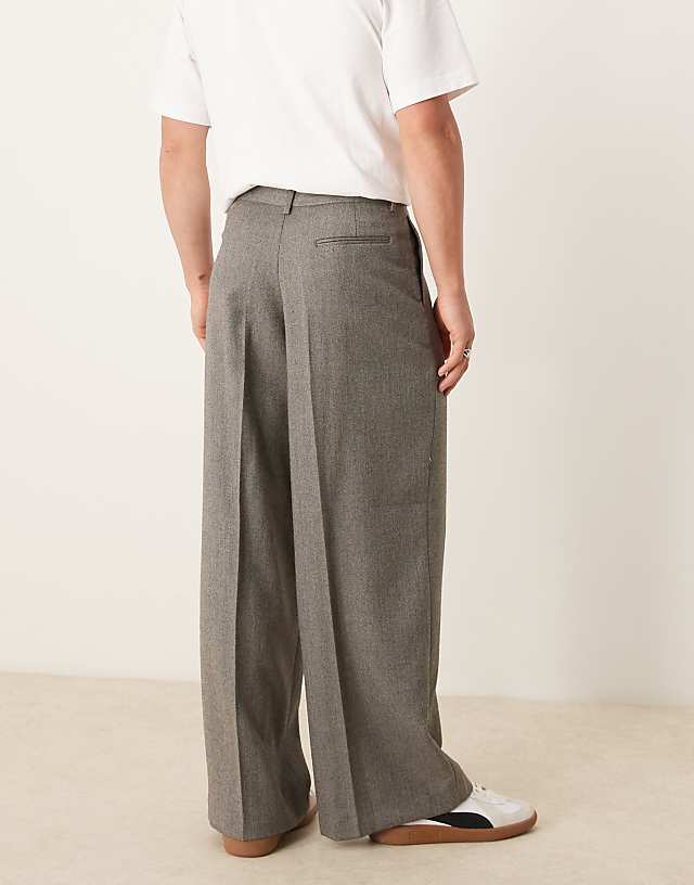 ASOS DESIGN Smart Loose Fit Trousers In Grey Wool Look Herringbone