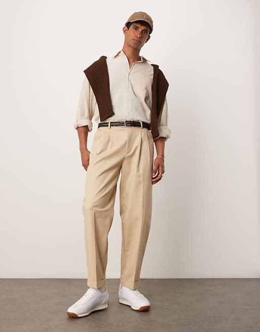 ASOS DESIGN smart oversized tapered cotton chino trousers in stone