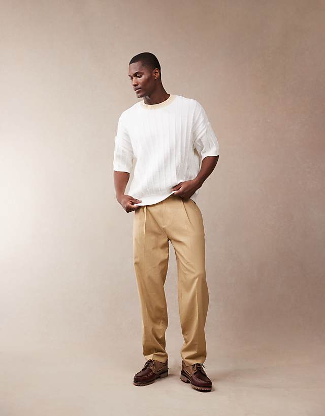 ASOS DESIGN Smart Oversized Tapered Linen Blend Trousers With Front Pleat In Camel