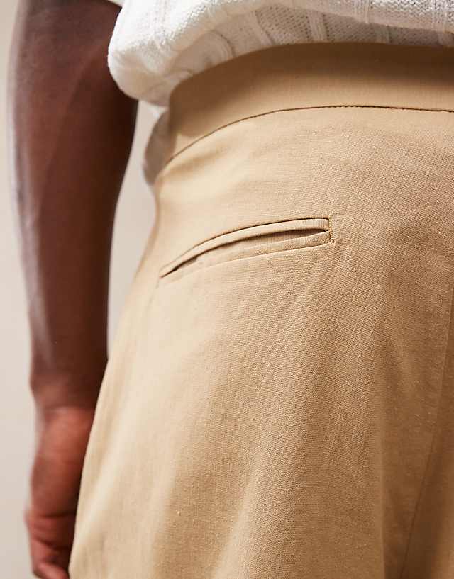 ASOS DESIGN Smart Oversized Tapered Linen Blend Trousers With Front Pleat In Camel