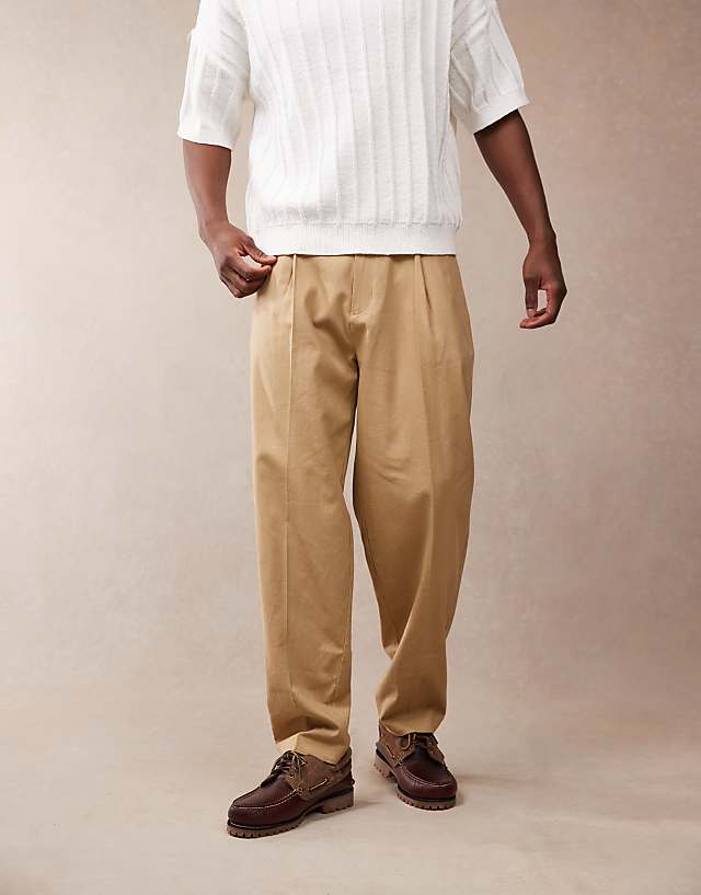 ASOS DESIGN Smart Oversized Tapered Linen Blend Trousers With Front Pleat In Camel