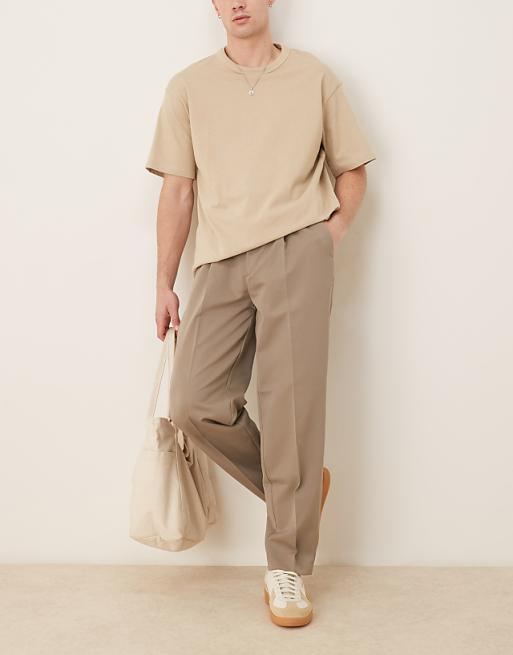ASOS DESIGN Smart Oversized Tapered Trousers With Front Pleat In Dark Stone