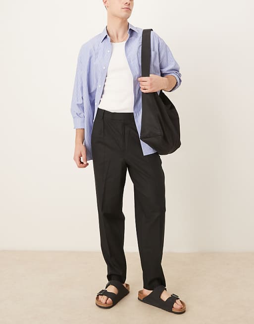 ASOS DESIGN Smart Relaxed Tapered Fit Linen Blend Trousers With Front Pleat In Black