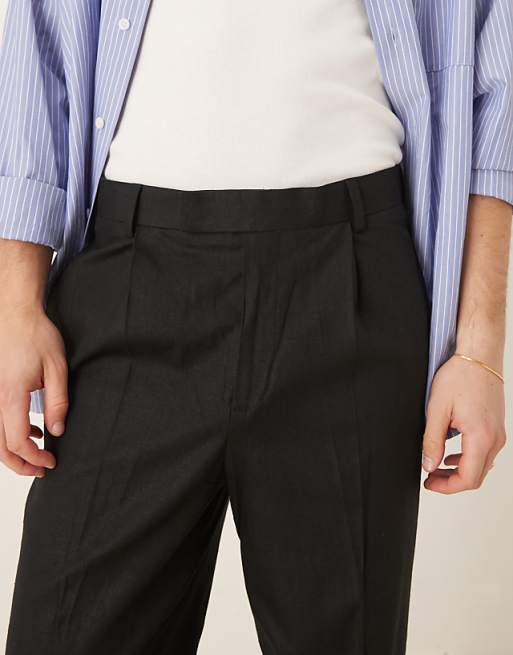 ASOS DESIGN Smart Relaxed Tapered Fit Linen Blend Trousers With Front Pleat In Black