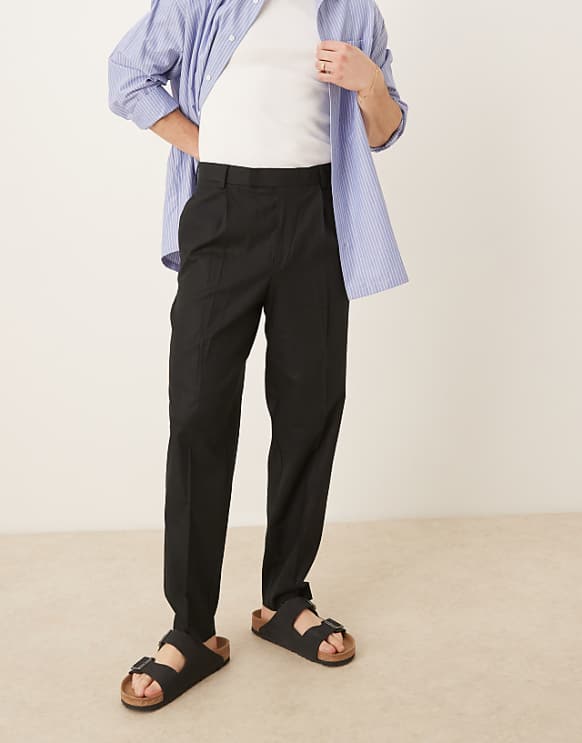 ASOS DESIGN smart relaxed tapered fit linen blend trousers with front pleat in black