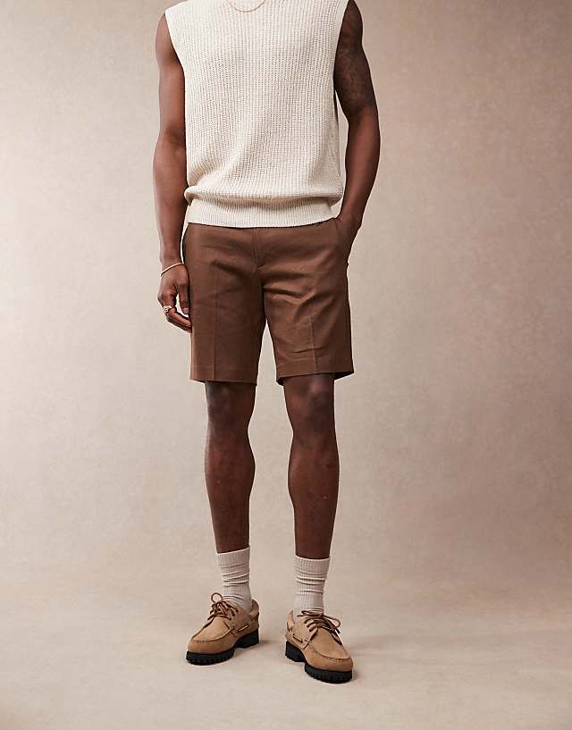 ASOS DESIGN smart slim fit linen blend shorts in brown