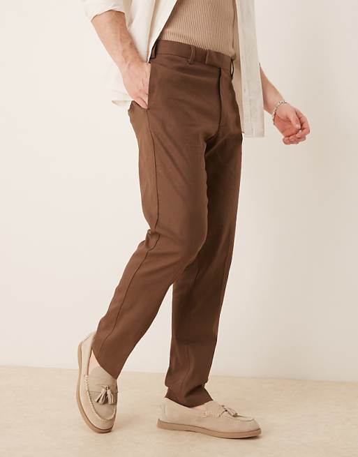 ASOS DESIGN Smart Slim Fit Linen Blend Trousers In Brown
