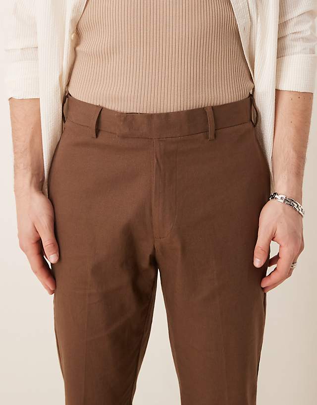 ASOS DESIGN Smart Slim Fit Linen Blend Trousers In Brown