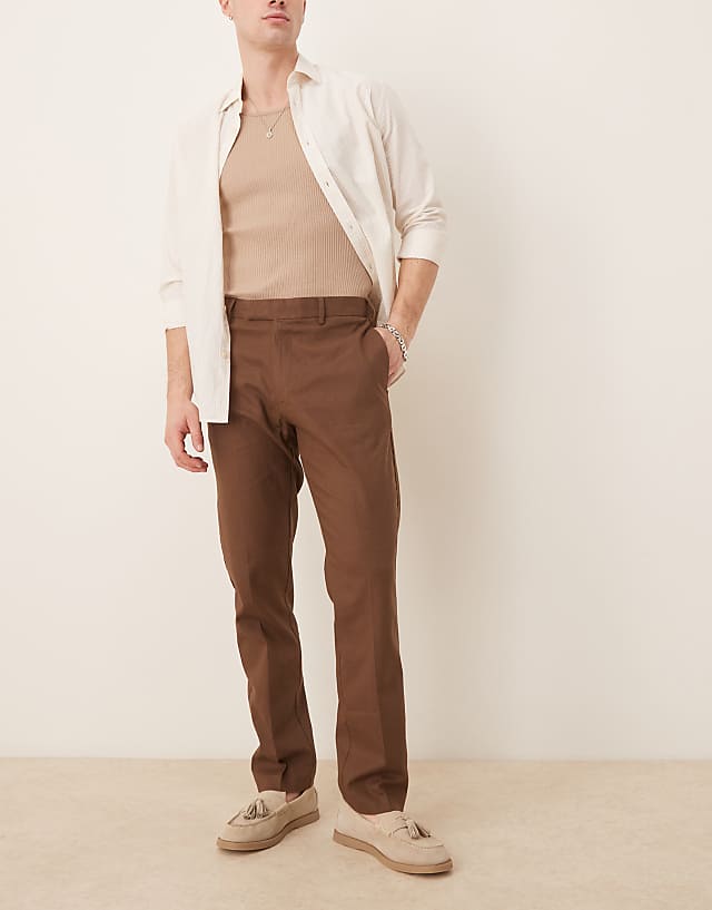 ASOS DESIGN smart slim fit linen blend trousers in brown